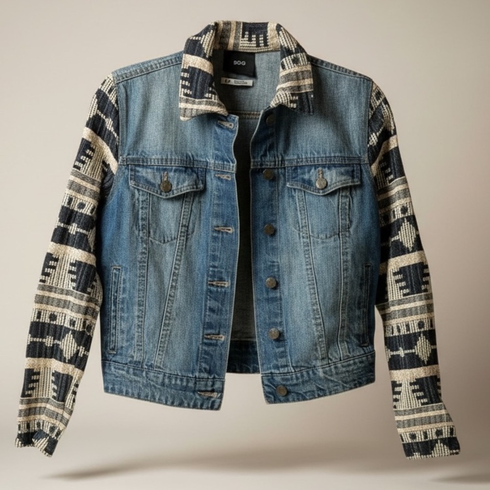 BDG Urban Outfitters Denim Jacket Aztec Knit Sleeve Multi-Color Boho Small - Picture 2 of 7